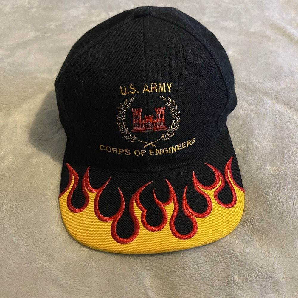 US Army Hat Men One Size Black‎ Flames Fire Adjustable Trucker Baseball Cap Gym